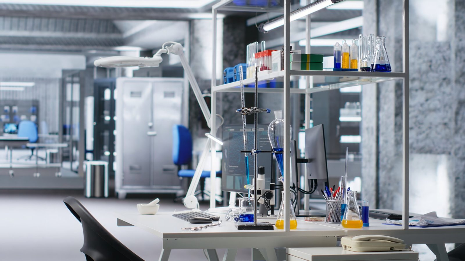 Empty laboratory workspace displays jars and blood samples or tools